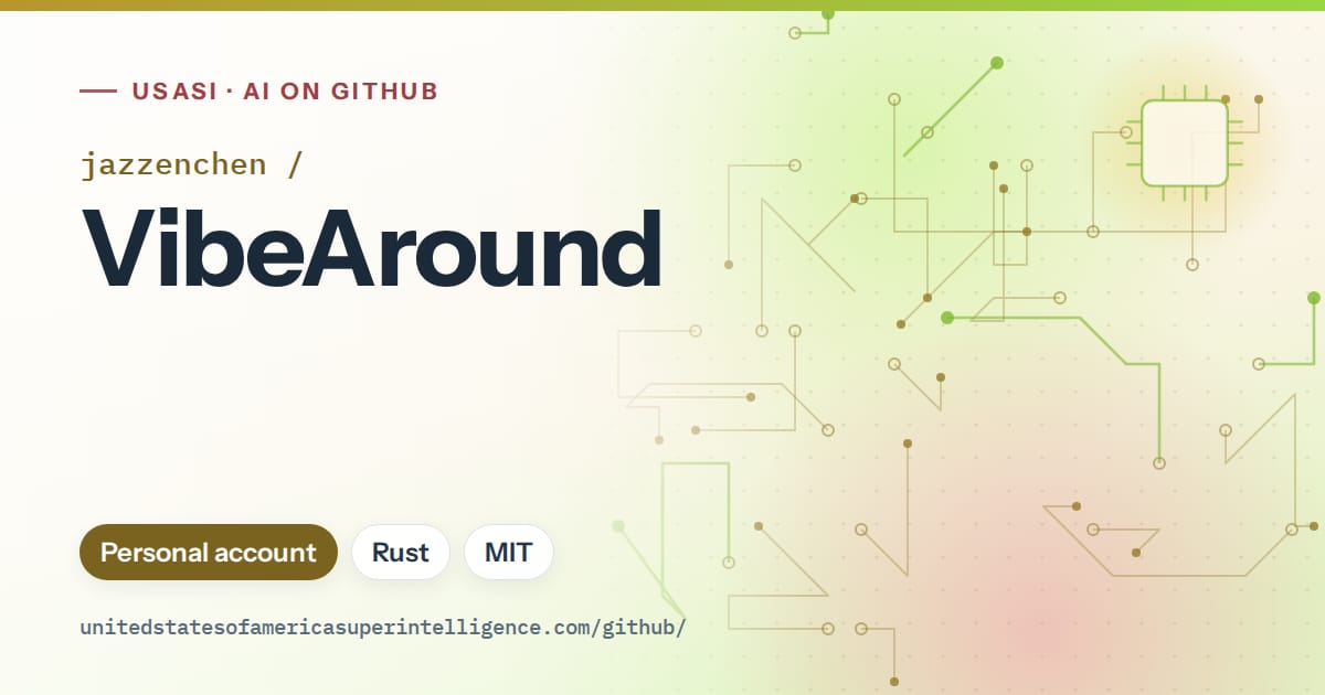 Generated green circuit-trace artwork for jazzenchen/VibeAround, labeled USASI · AI on GitHub, with Personal account · Rust · MIT.