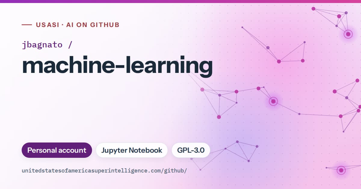 Generated violet constellation network artwork for jbagnato/machine-learning, labeled USASI · AI on GitHub, with Personal account · Jupyter Notebook · GPL-3.0.