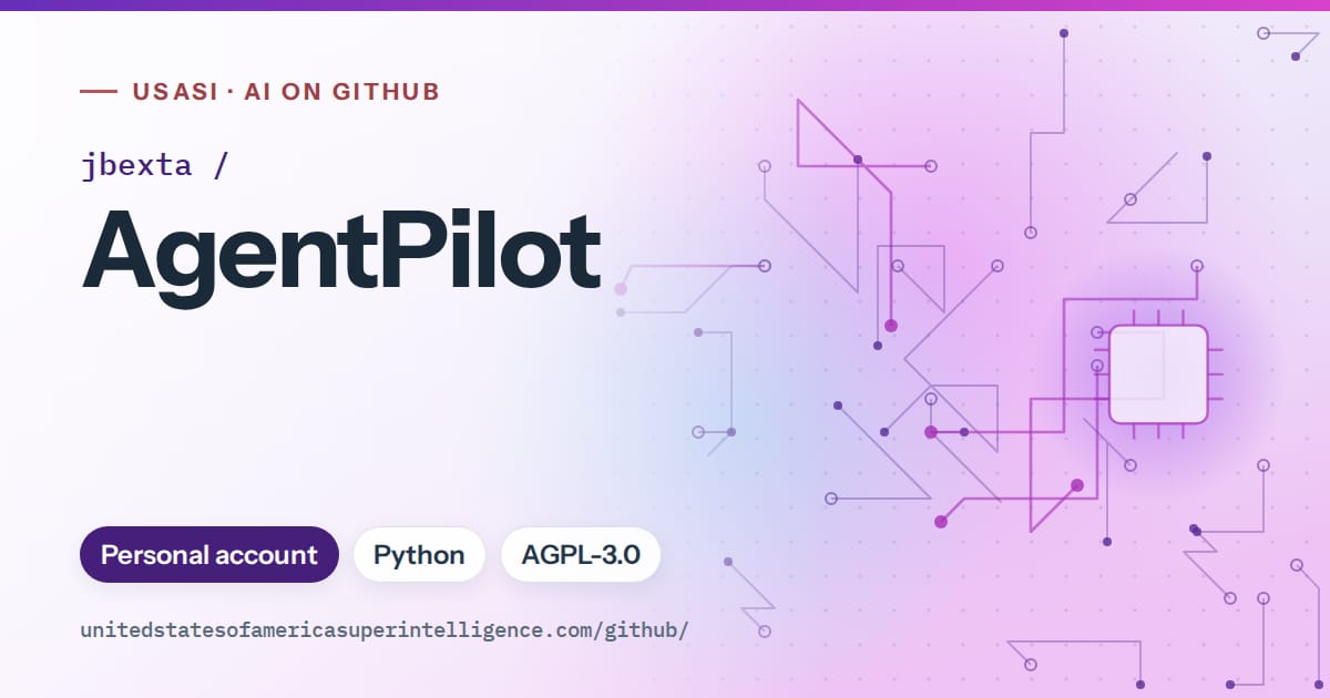 Generated violet circuit-trace artwork for jbexta/AgentPilot, labeled USASI · AI on GitHub, with Personal account · Python · AGPL-3.0.