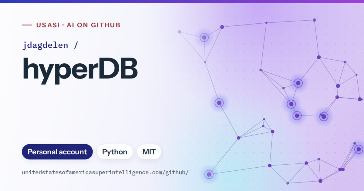 Generated blue constellation network artwork for jdagdelen/hyperDB, labeled USASI · AI on GitHub, with Personal account · Python · MIT.