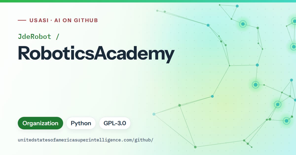 Generated green constellation network artwork for JdeRobot/RoboticsAcademy, labeled USASI · AI on GitHub, with Organization · Python · GPL-3.0.