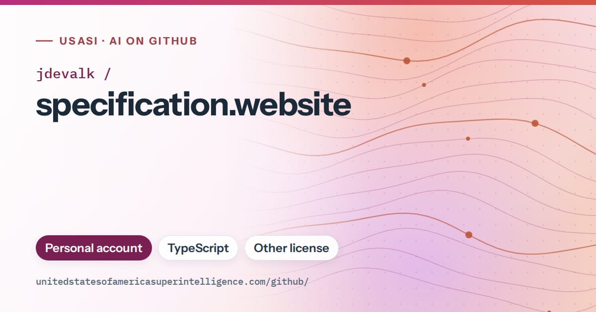 Generated pink flowing-wave artwork for jdevalk/specification.website, labeled USASI · AI on GitHub, with Personal account · TypeScript · Other license.