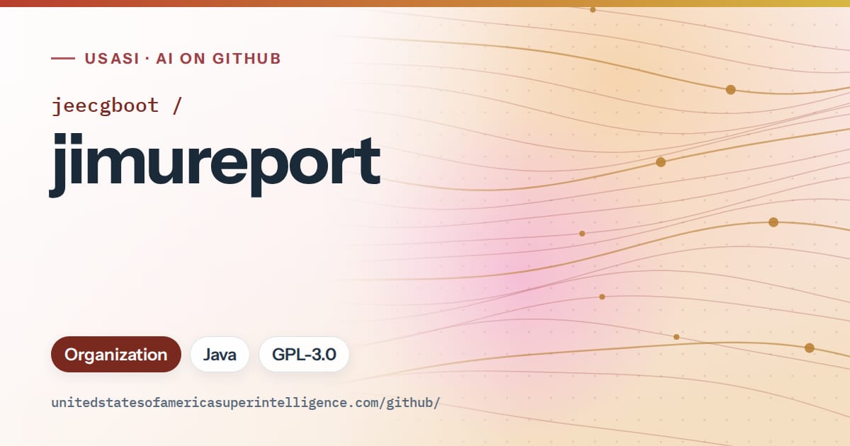 Generated red flowing-wave artwork for jeecgboot/jimureport, labeled USASI · AI on GitHub, with Organization · Java · GPL-3.0.
