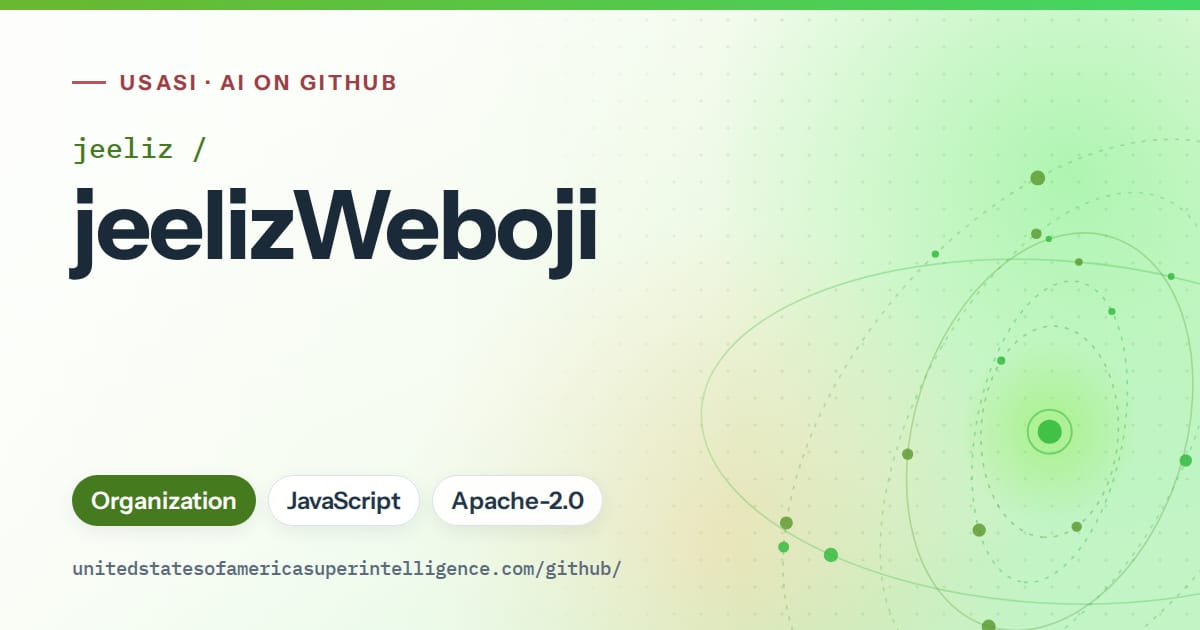 Generated green orbit artwork for jeeliz/jeelizWeboji, labeled USASI · AI on GitHub, with Organization · JavaScript · Apache-2.0.