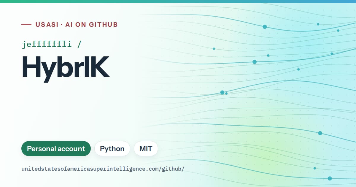 Generated teal flowing-wave artwork for jeffffffli/HybrIK, labeled USASI · AI on GitHub, with Personal account · Python · MIT.