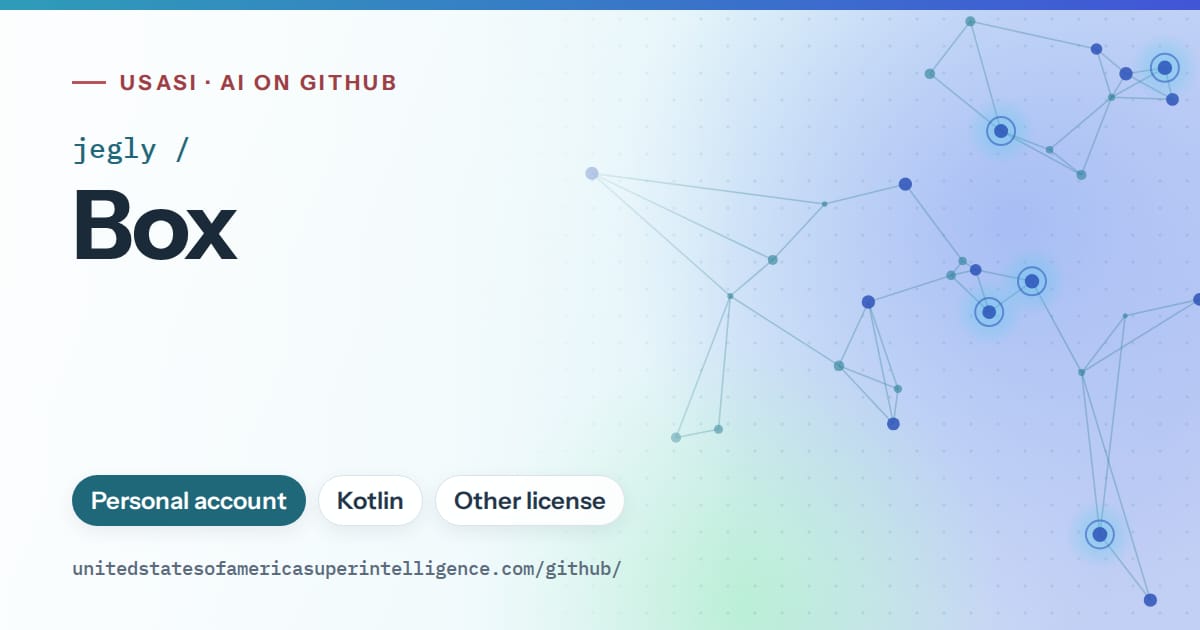 Generated sky blue constellation network artwork for jegly/Box, labeled USASI · AI on GitHub, with Personal account · Kotlin · Other license.