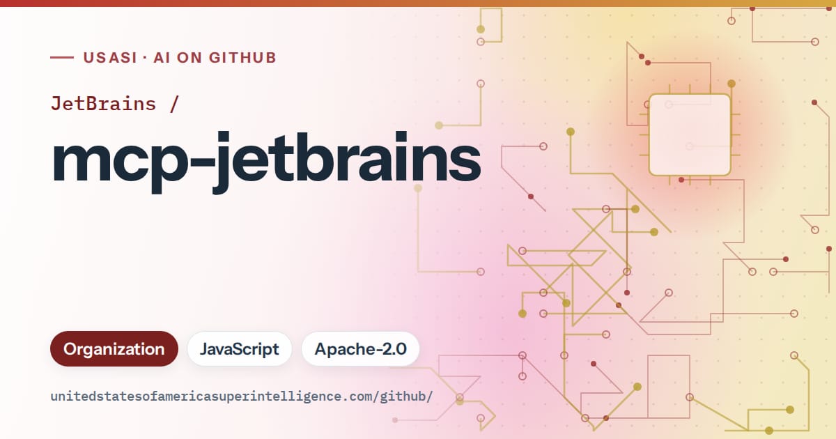 Generated red circuit-trace artwork for JetBrains/mcp-jetbrains, labeled USASI · AI on GitHub, with Organization · JavaScript · Apache-2.0.