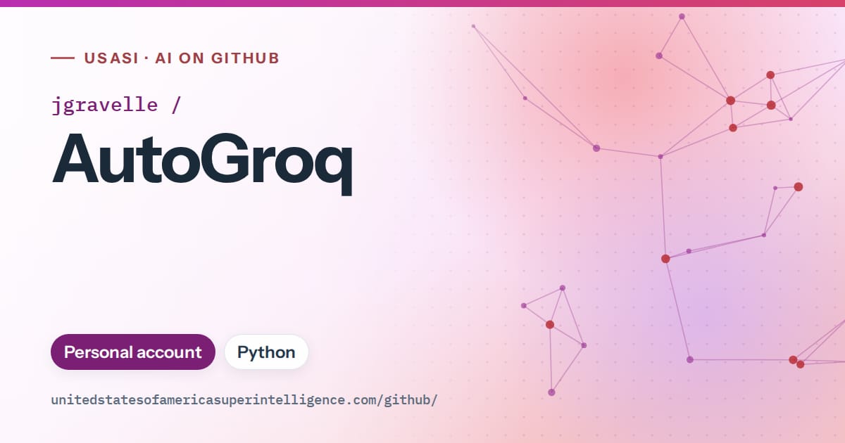 Generated purple constellation network artwork for jgravelle/AutoGroq, labeled USASI · AI on GitHub, with Personal account · Python.