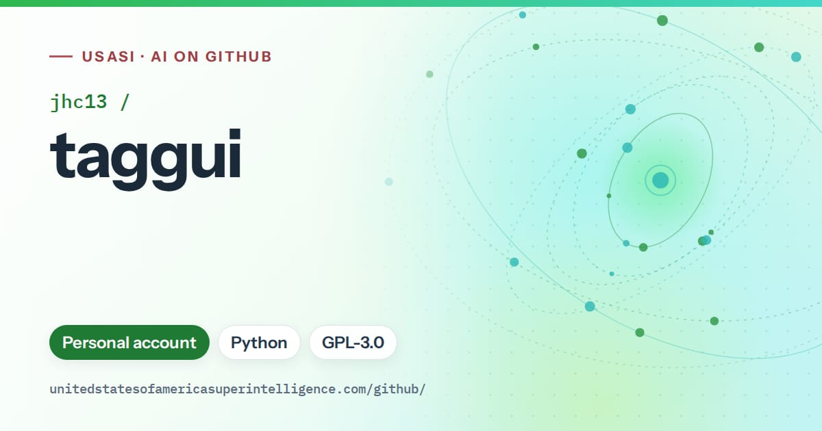 Generated green orbit artwork for jhc13/taggui, labeled USASI · AI on GitHub, with Personal account · Python · GPL-3.0.