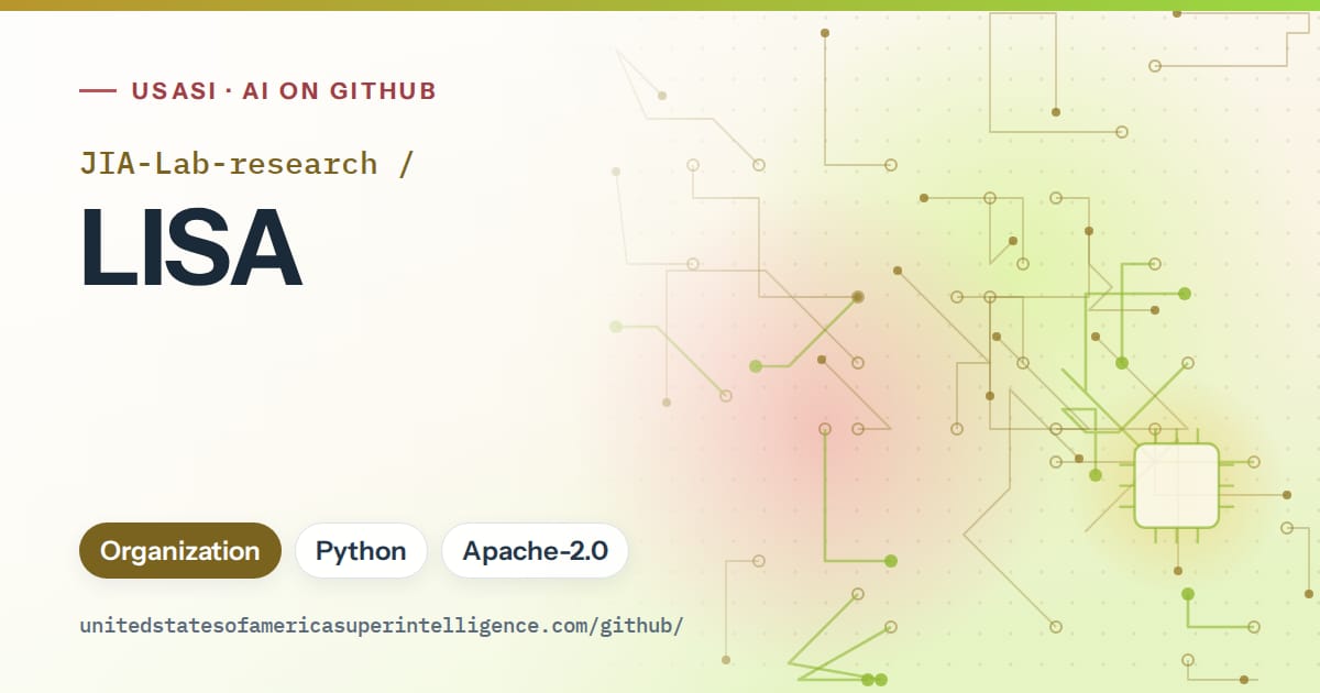 Generated green circuit-trace artwork for JIA-Lab-research/LISA, labeled USASI · AI on GitHub, with Organization · Python · Apache-2.0.