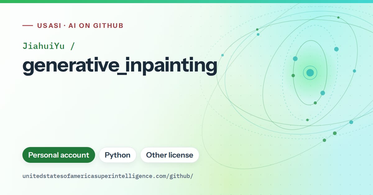 Generated green orbit artwork for JiahuiYu/generative_inpainting, labeled USASI · AI on GitHub, with Personal account · Python · Other license.
