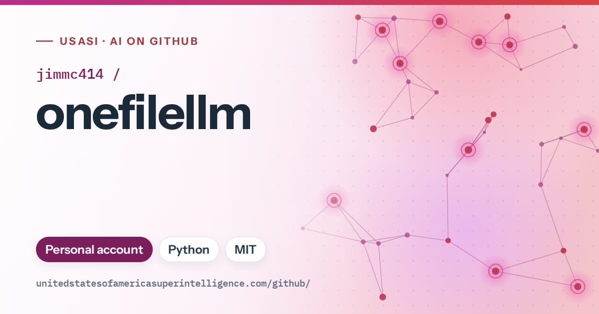 Generated pink constellation network artwork for jimmc414/onefilellm, labeled USASI · AI on GitHub, with Personal account · Python · MIT.