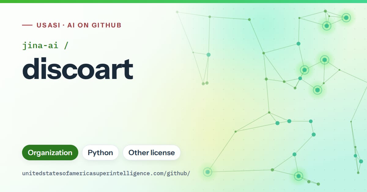 Generated green constellation network artwork for jina-ai/discoart, labeled USASI · AI on GitHub, with Organization · Python · Other license.