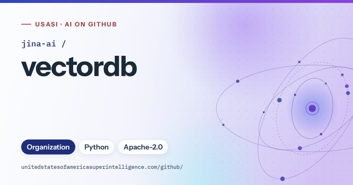 Generated blue orbit artwork for jina-ai/vectordb, labeled USASI · AI on GitHub, with Organization · Python · Apache-2.0.