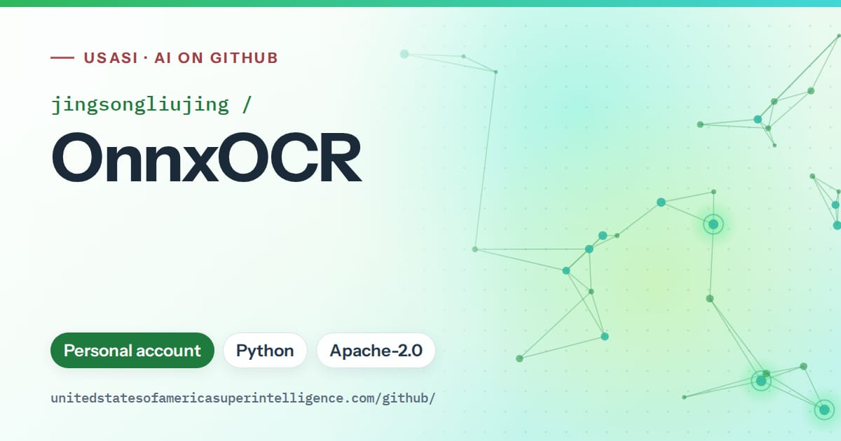 Generated green constellation network artwork for jingsongliujing/OnnxOCR, labeled USASI · AI on GitHub, with Personal account · Python · Apache-2.0.