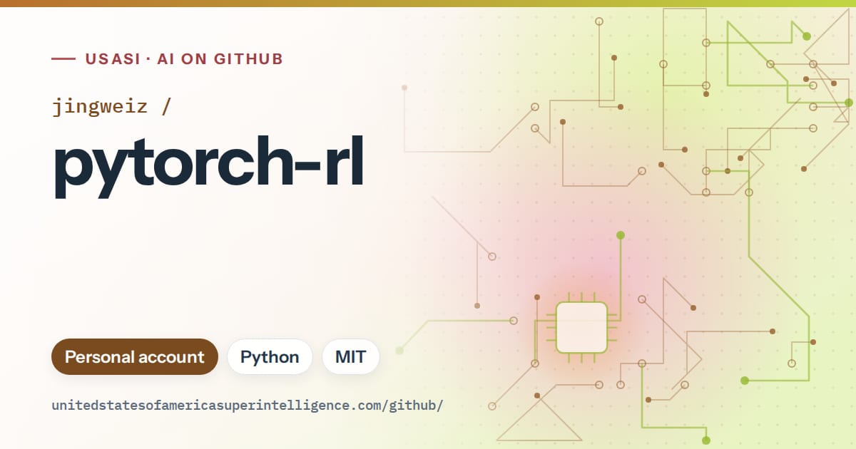 Generated orange circuit-trace artwork for jingweiz/pytorch-rl, labeled USASI · AI on GitHub, with Personal account · Python · MIT.