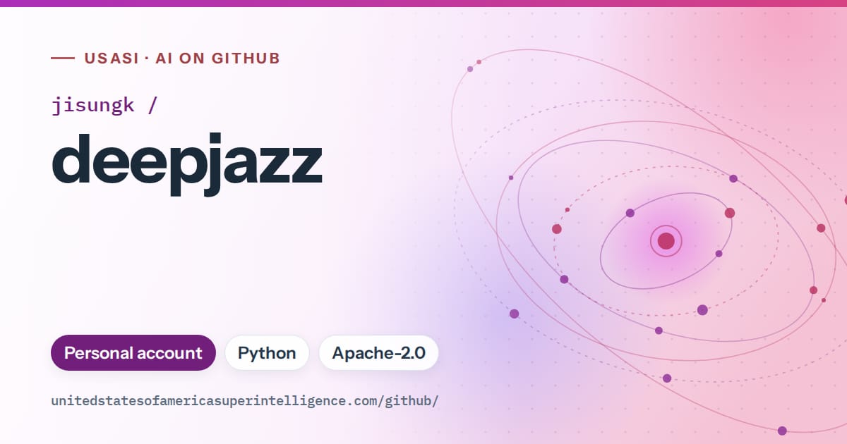 Generated purple orbit artwork for jisungk/deepjazz, labeled USASI · AI on GitHub, with Personal account · Python · Apache-2.0.