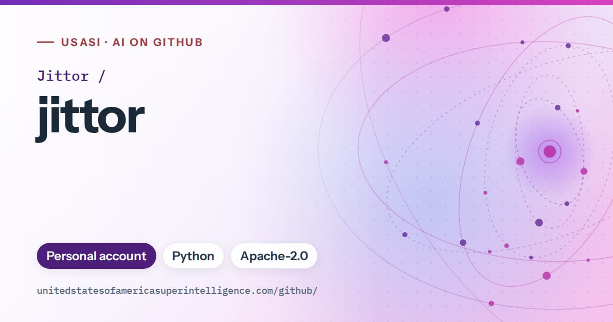 Generated violet orbit artwork for Jittor/jittor, labeled USASI · AI on GitHub, with Personal account · Python · Apache-2.0.