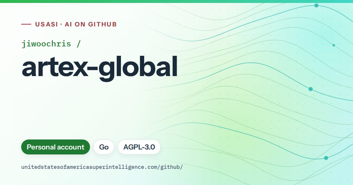 Generated green flowing-wave artwork for jiwoochris/artex-global, labeled USASI · AI on GitHub, with Personal account · Go · AGPL-3.0.