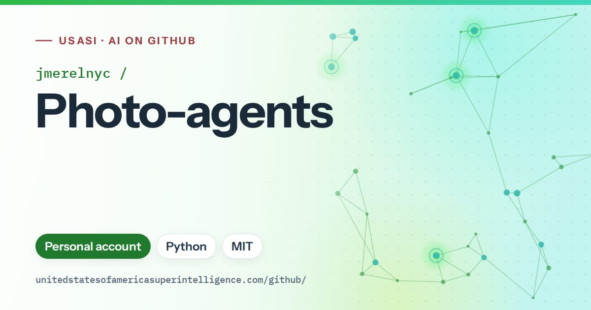 Generated green constellation network artwork for jmerelnyc/Photo-agents, labeled USASI · AI on GitHub, with Personal account · Python · MIT.