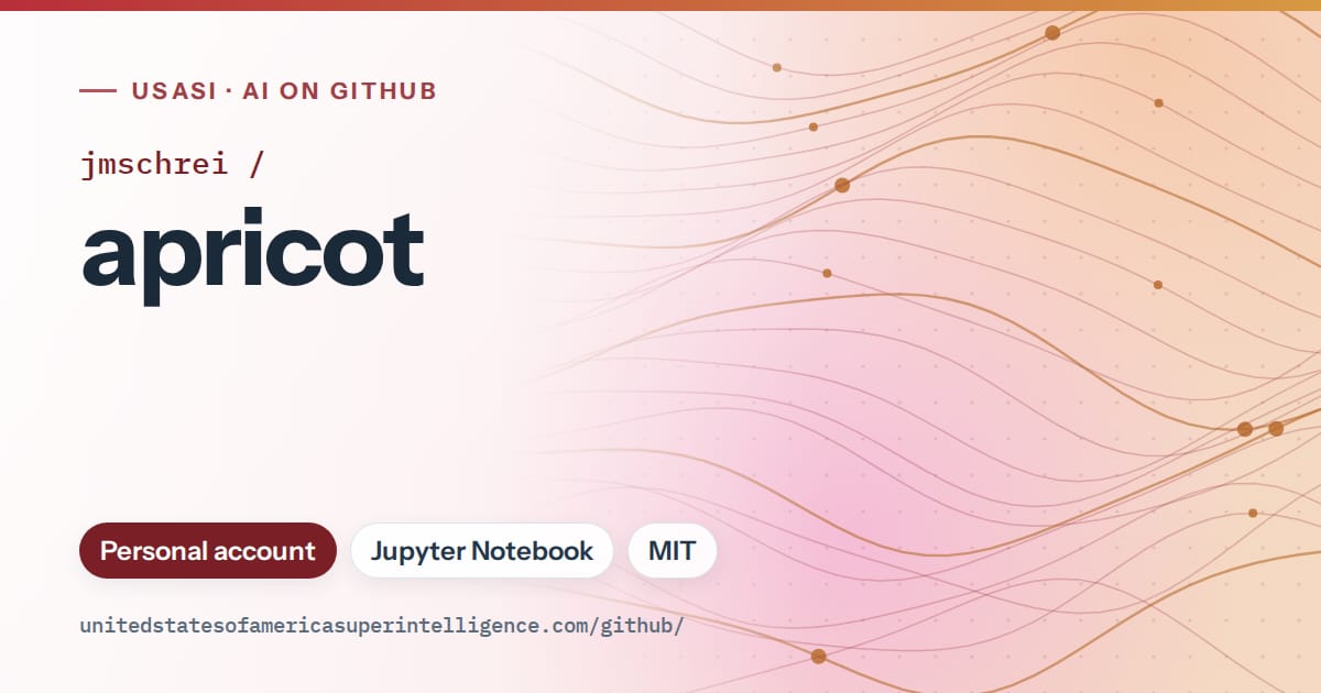 Generated red flowing-wave artwork for jmschrei/apricot, labeled USASI · AI on GitHub, with Personal account · Jupyter Notebook · MIT.