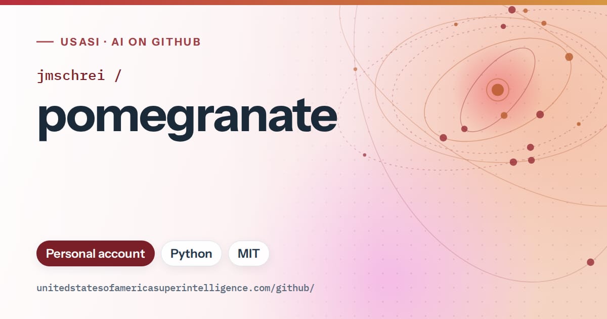 Generated red orbit artwork for jmschrei/pomegranate, labeled USASI · AI on GitHub, with Personal account · Python · MIT.