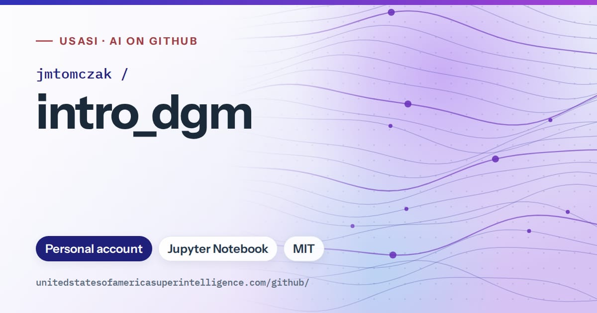 Generated blue flowing-wave artwork for jmtomczak/intro_dgm, labeled USASI · AI on GitHub, with Personal account · Jupyter Notebook · MIT.