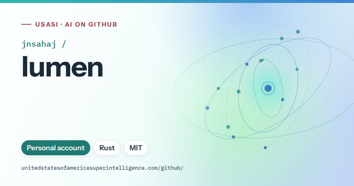 Generated teal orbit artwork for jnsahaj/lumen, labeled USASI · AI on GitHub, with Personal account · Rust · MIT.