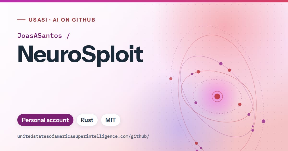 Generated purple orbit artwork for JoasASantos/NeuroSploit, labeled USASI · AI on GitHub, with Personal account · Rust · MIT.