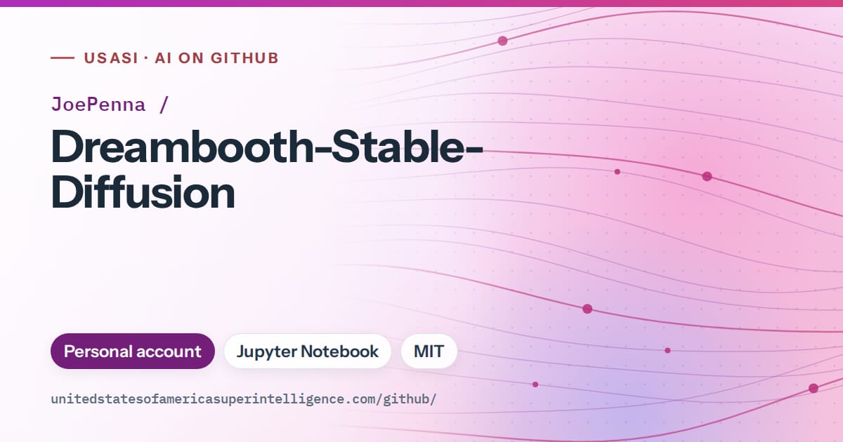 Generated purple flowing-wave artwork for JoePenna/Dreambooth-Stable-Diffusion, labeled USASI · AI on GitHub, with Personal account · Jupyter Notebook · MIT.