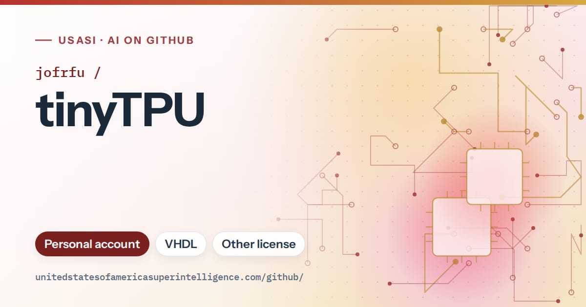Generated red circuit-trace artwork for jofrfu/tinyTPU, labeled USASI · AI on GitHub, with Personal account · VHDL · Other license.