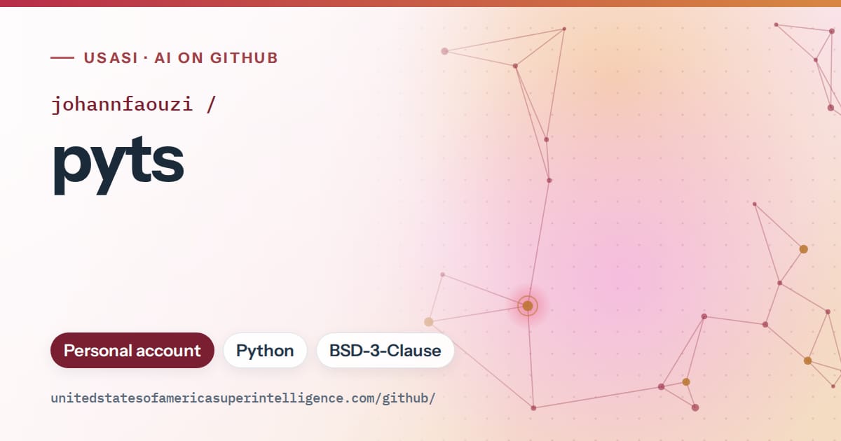 Generated red constellation network artwork for johannfaouzi/pyts, labeled USASI · AI on GitHub, with Personal account · Python · BSD-3-Clause.