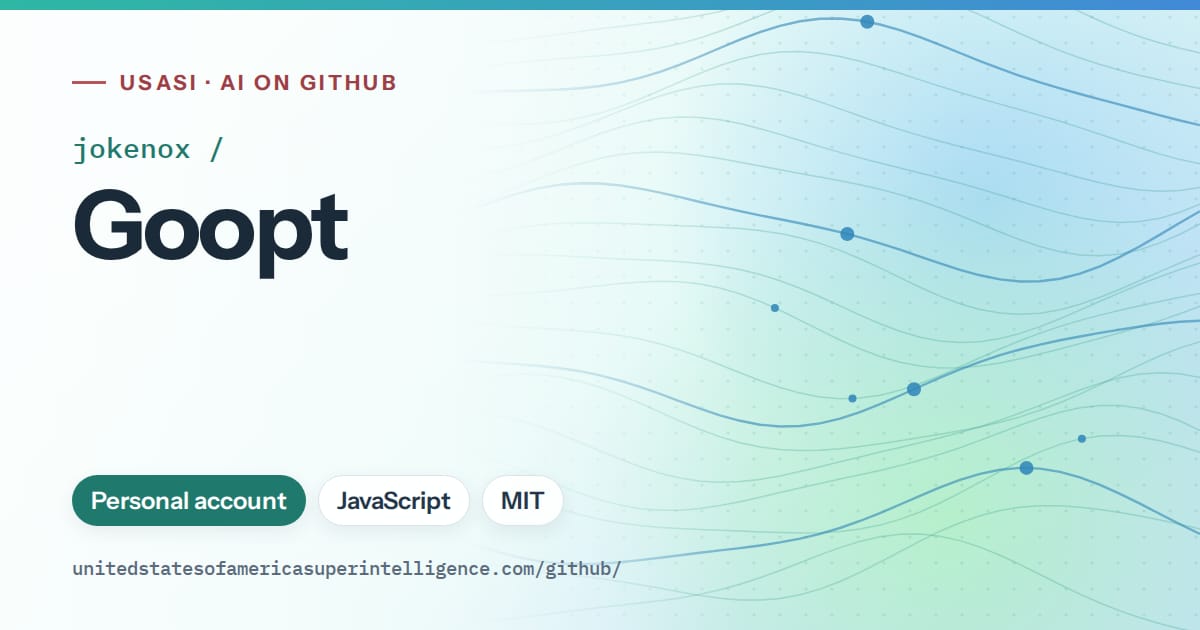 Generated teal flowing-wave artwork for jokenox/Goopt, labeled USASI · AI on GitHub, with Personal account · JavaScript · MIT.