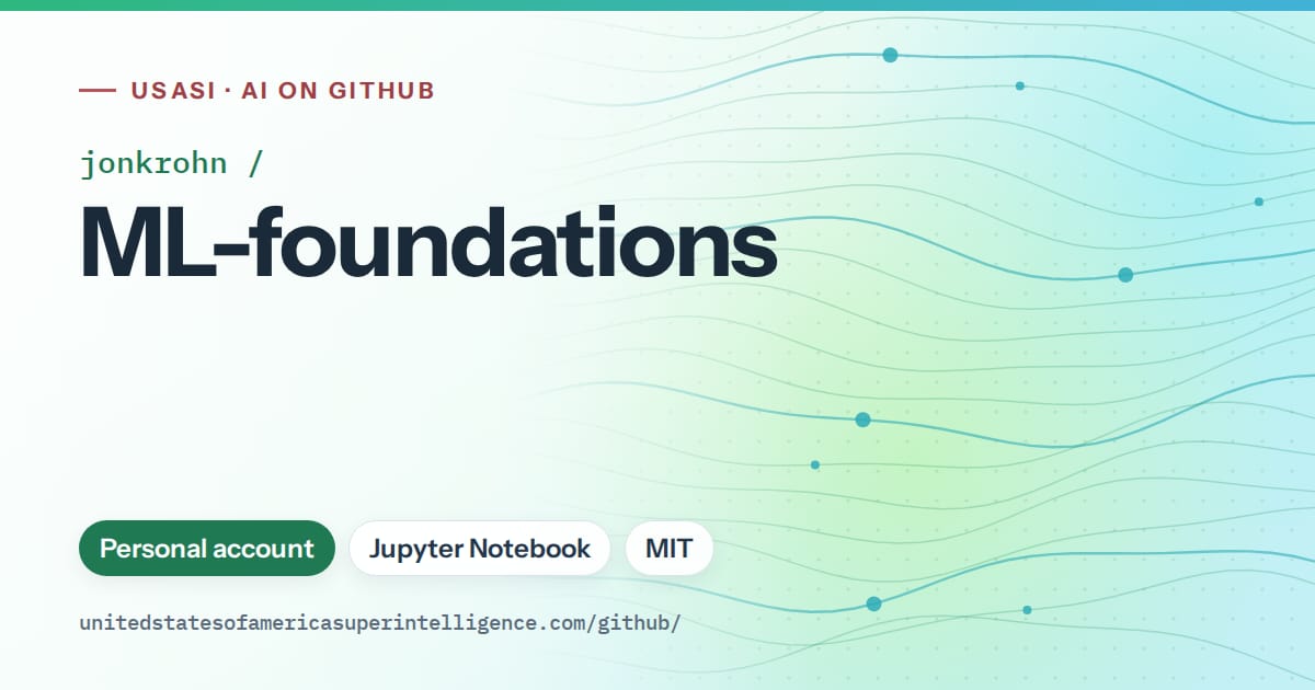 Generated teal flowing-wave artwork for jonkrohn/ML-foundations, labeled USASI · AI on GitHub, with Personal account · Jupyter Notebook · MIT.