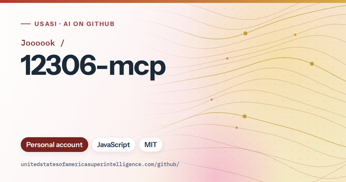 Generated red flowing-wave artwork for Joooook/12306-mcp, labeled USASI · AI on GitHub, with Personal account · JavaScript · MIT.