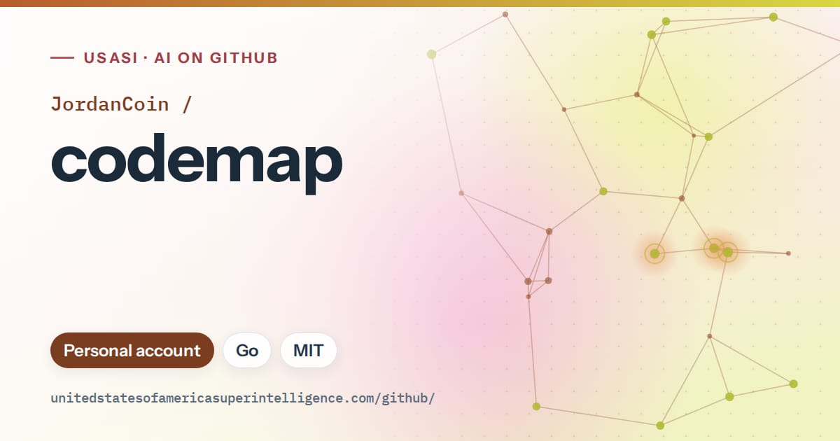 Generated orange constellation network artwork for JordanCoin/codemap, labeled USASI · AI on GitHub, with Personal account · Go · MIT.