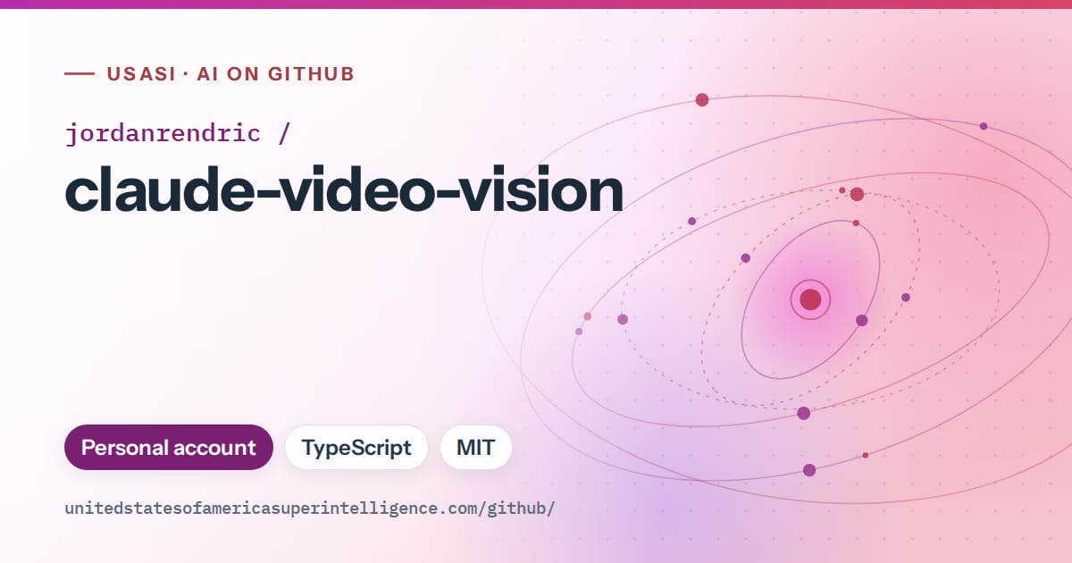 Generated purple orbit artwork for jordanrendric/claude-video-vision, labeled USASI · AI on GitHub, with Personal account · TypeScript · MIT.