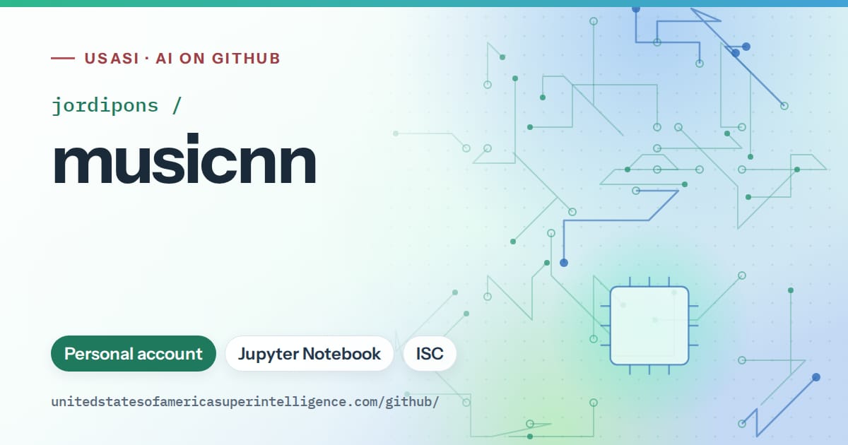 Generated teal circuit-trace artwork for jordipons/musicnn, labeled USASI · AI on GitHub, with Personal account · Jupyter Notebook · ISC.