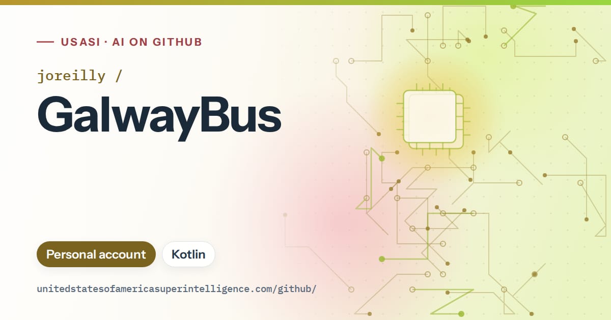 Generated green circuit-trace artwork for joreilly/GalwayBus, labeled USASI · AI on GitHub, with Personal account · Kotlin.