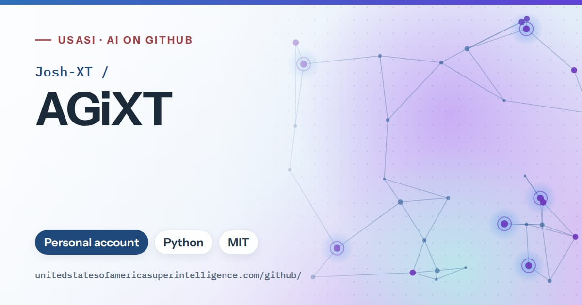Generated sky blue constellation network artwork for Josh-XT/AGiXT, labeled USASI · AI on GitHub, with Personal account · Python · MIT.