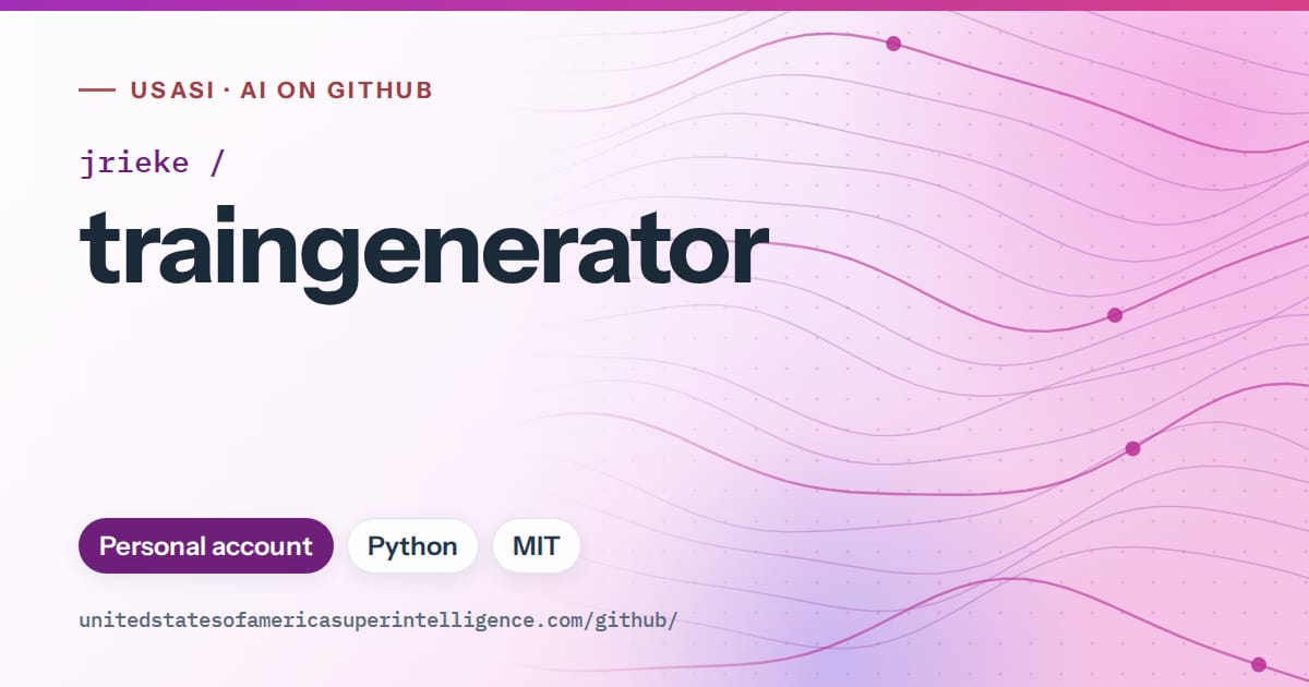 Generated purple flowing-wave artwork for jrieke/traingenerator, labeled USASI · AI on GitHub, with Personal account · Python · MIT.