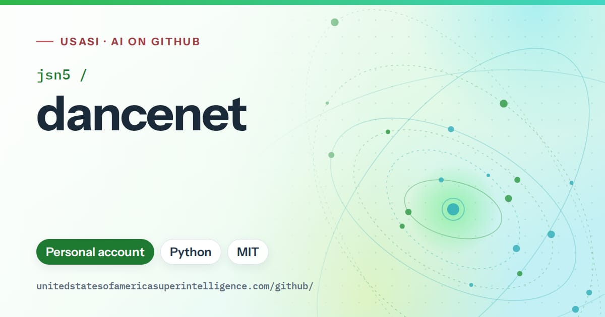 Generated green orbit artwork for jsn5/dancenet, labeled USASI · AI on GitHub, with Personal account · Python · MIT.