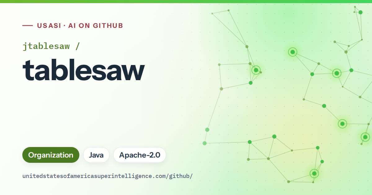 Generated green constellation network artwork for jtablesaw/tablesaw, labeled USASI · AI on GitHub, with Organization · Java · Apache-2.0.