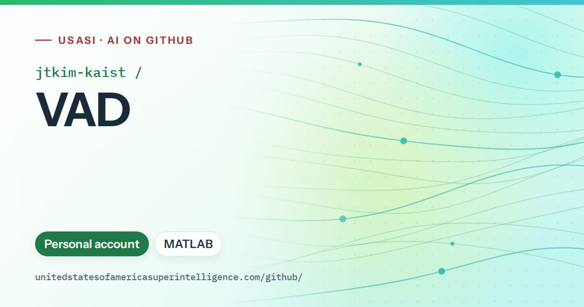 Generated green flowing-wave artwork for jtkim-kaist/VAD, labeled USASI · AI on GitHub, with Personal account · MATLAB.