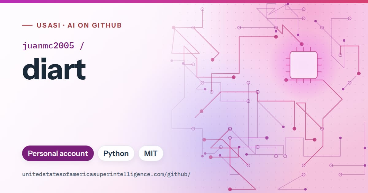 Generated purple circuit-trace artwork for juanmc2005/diart, labeled USASI · AI on GitHub, with Personal account · Python · MIT.