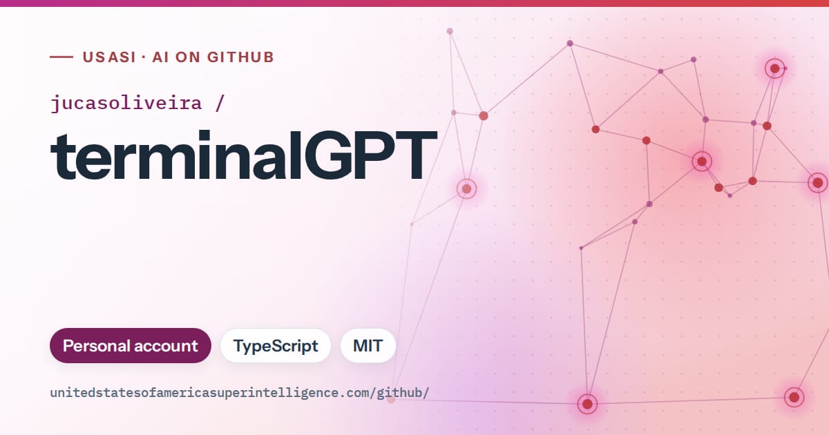 Generated pink constellation network artwork for jucasoliveira/terminalGPT, labeled USASI · AI on GitHub, with Personal account · TypeScript · MIT.