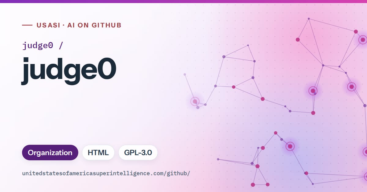 Generated violet constellation network artwork for judge0/judge0, labeled USASI · AI on GitHub, with Organization · HTML · GPL-3.0.