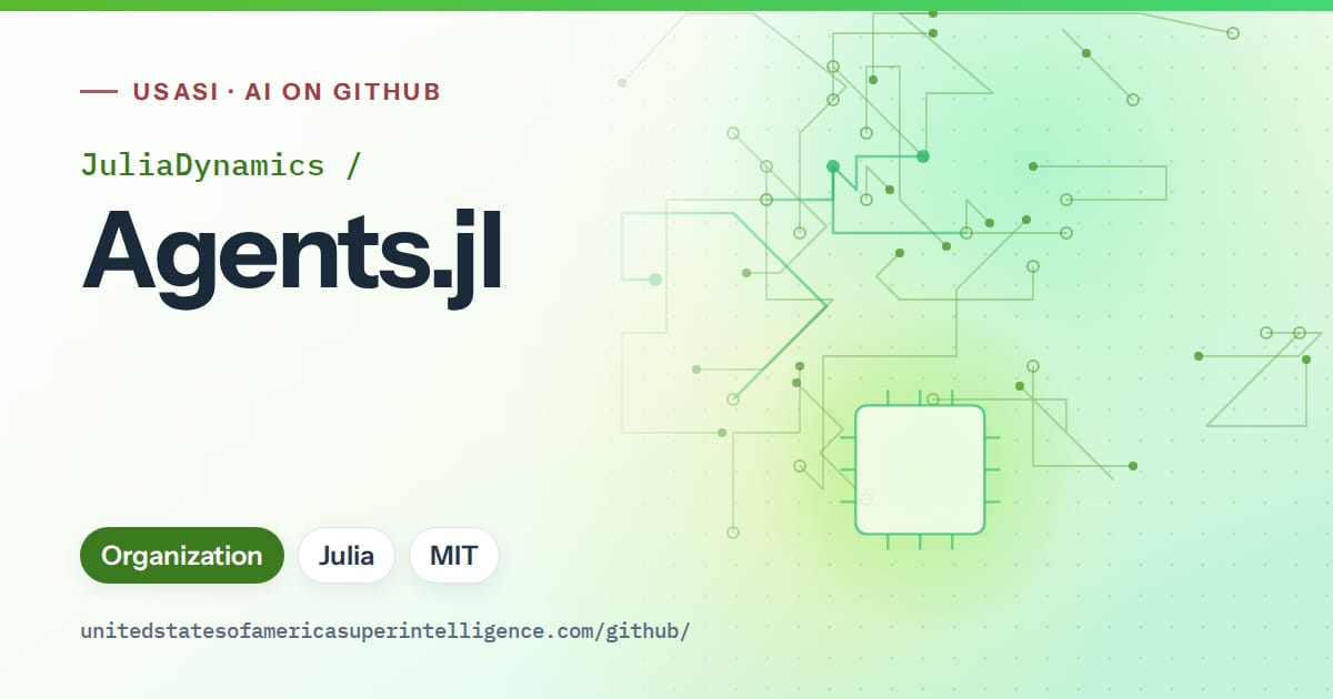 Generated green circuit-trace artwork for JuliaDynamics/Agents.jl, labeled USASI · AI on GitHub, with Organization · Julia · MIT.