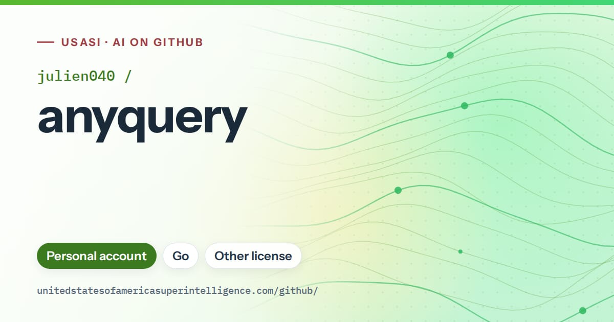 Generated green flowing-wave artwork for julien040/anyquery, labeled USASI · AI on GitHub, with Personal account · Go · Other license.
