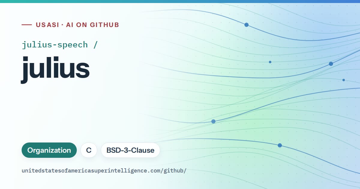 Generated teal flowing-wave artwork for julius-speech/julius, labeled USASI · AI on GitHub, with Organization · C · BSD-3-Clause.